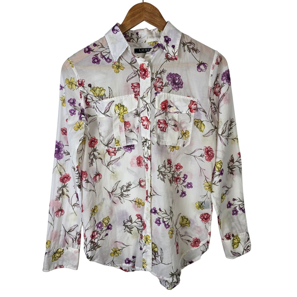 Lauren Ralph Lauren Floral Print Button Up Shirt‎ Long Sleeve Women's White